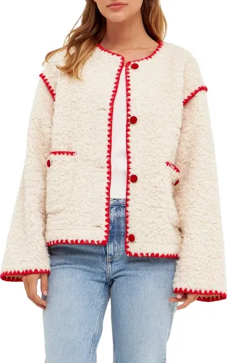 Premium Contrast Trim Faux Shearling Jacket