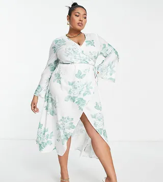 ASOS DESIGN Curve exclusive bias cut satin wrap dress with tie waist in white and green floral