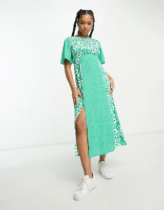Influence flutter sleeve midi tea dress in mixed polka floral print