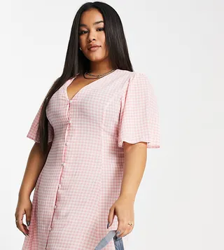 ASOS DESIGN Curve button through tie back mini tea dress with angel sleeve in pink gingham