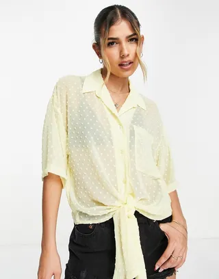 ASOS DESIGN tie front textured shirt in pastel yellow