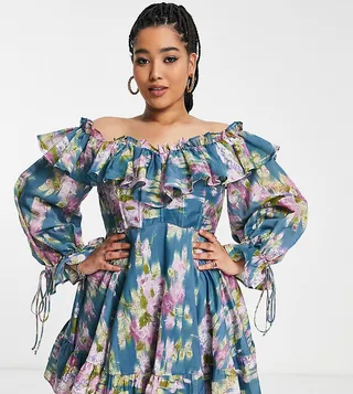 ASOS DESIGN Curve Exclusive off shoulder mini dress with ruffle detail in floral print