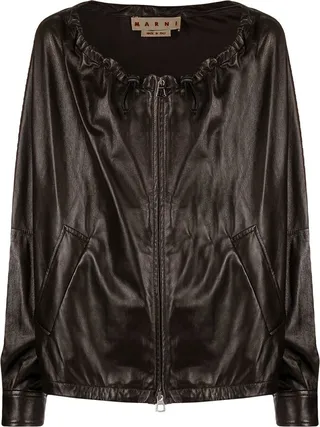 Drawstring-Neck Leather Bomber Jacket