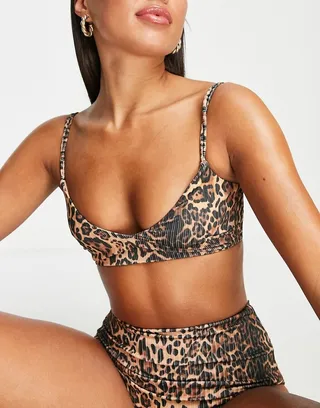ASOS DESIGN mix and match ribbed lattice crop bikini top in leopard print