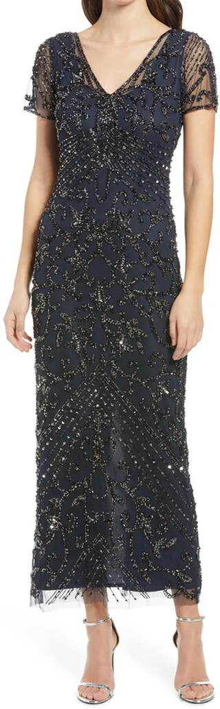 Beaded Mesh Column Gown