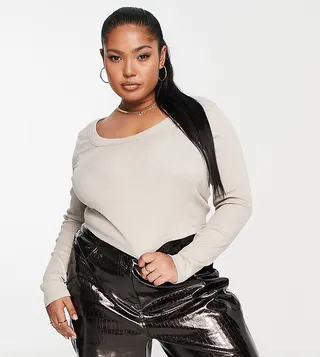 ASOS DESIGN Curve long sleeve scoop neck rib top in oatmeal heather
