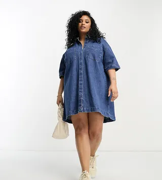 ASOS DESIGN Curve short sleeve denim shirt dress in mid blue