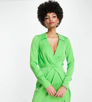ASOS DESIGN Tall satin twist mini dress with collar in green