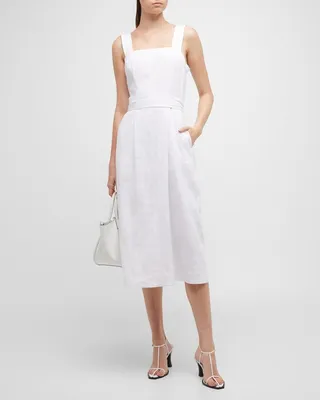 Linen-Blend Belted Square-Neck Midi Dress