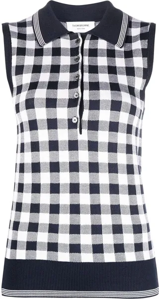 Gingham-Jacquard Sleeveless Polo Top