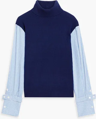 Corinne striped poplin-paneled wool-blend turtleneck sweater