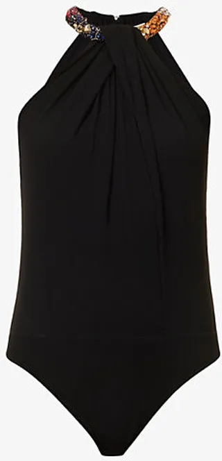 Womens Black Rhinestone-embellished Halter-neck Chiffon Body