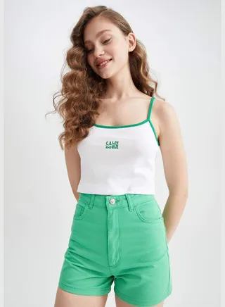 Fitted Strappy Minimal Slogan Print Crop Vest