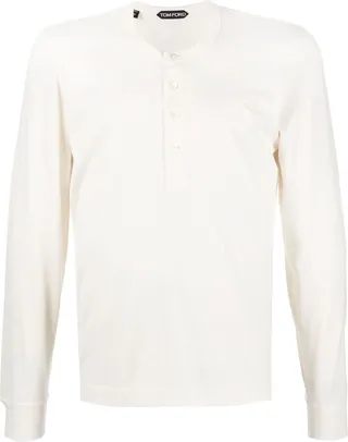 Henley-neck long-sleeve T-shirt