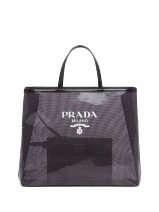 Sequinned Logo-Print Mesh Tote Bag