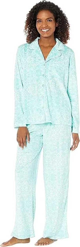 Karen Neuburger Novelties Long Sleeve Minky Fleece Girlfriend PJ Set with Socks (Aqua Damask) Women's Pajama Sets