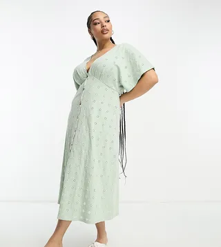 ASOS DESIGN Curve eyelet v neck midi dress with buttons in sage and cream contrast