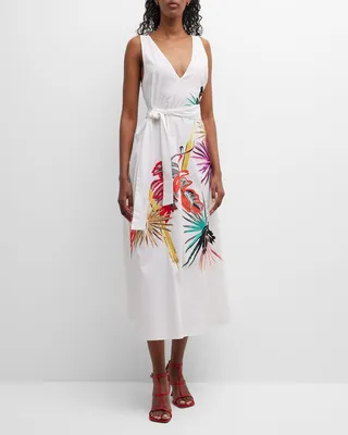 Sleeveless Embroidered Poplin Midi Dress