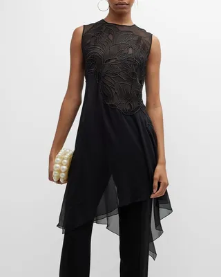 Asymmetric Macrame Chiffon Tunic Blouse