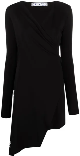 Asymmetric Logo-Script Wrap Dress