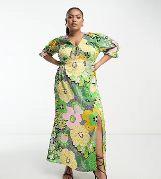 ASOS DESIGN Curve satin shirred cuff midi tea dress with tie front in floral print