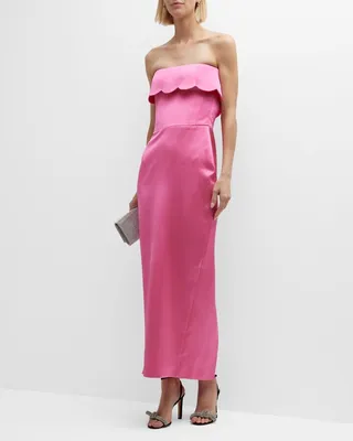 Scalloped-Ruffle Strapless Satin Corset Maxi Dress