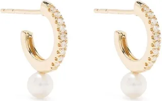 14K Yellow Gold Sea Of Beauty Diamond And Pearl Hoop Earrings