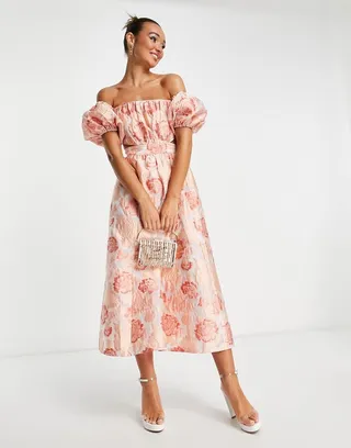 ASOS EDITION puff sleeve midi dress with cut out back in pink floral jaqcuard