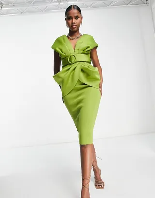 ASOS DESIGN draped shoulder belted midi dress in olive