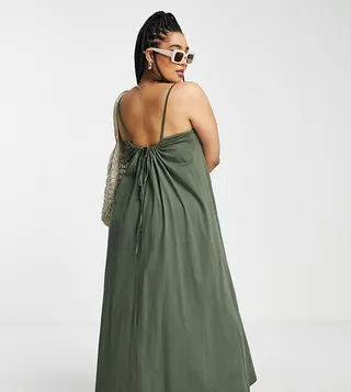 ASOS DESIGN Curve V-neck maxi dress with pep hem in khaki