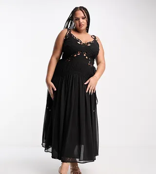 ASOS DESIGN Curve cutwork maxi slip dress with drawstring waist in black