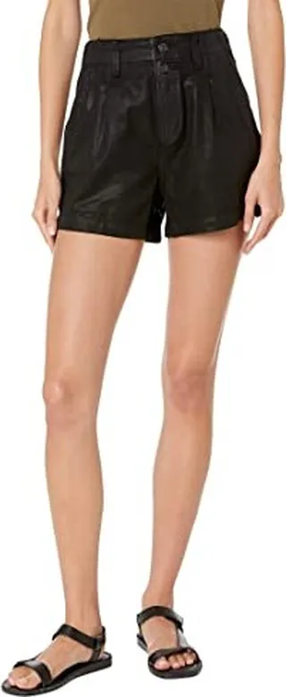 PAIGE Women's Mayslie Short Front Pleats Exposed Double Buttons Midnight Oil Coating