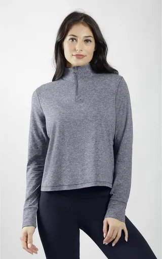 90 Degree By Reflex - Women's Two Tone Quarter Zip Long Sleeve Crop Top - Heather Indigo Coast - Large