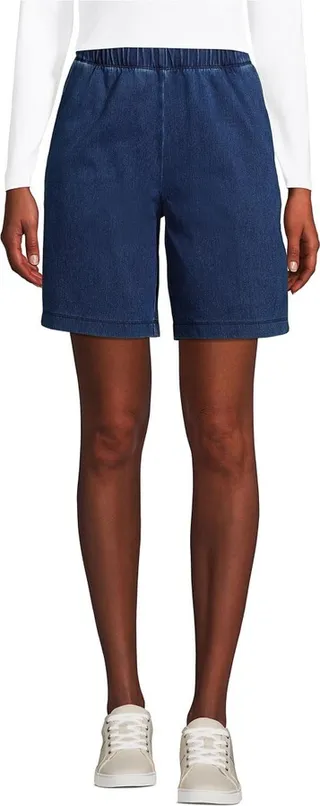 Lands' End Women's Petite High Rise Sport Knit Elastic Waist Denim Jean Shorts