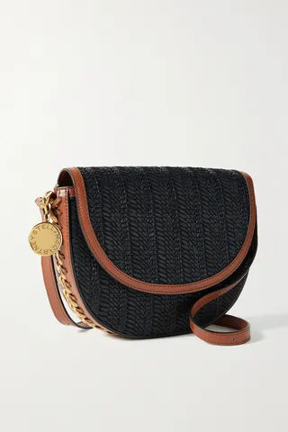 Stella McCartney - Frayme Medium Chain-embellished Leather-trimmed Raffia Shoulder Bag - Black