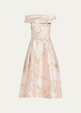 Off-Shoulder Pleated Jacquard Midi Dress