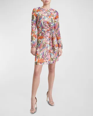 Darya Belted Metallic Abstract-Print Mini Dress