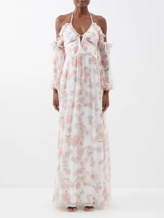 Dahlia-print Off-the-shoulder Silk-georgette Gown