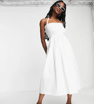 COLLUSION halterneck shirred detail broderie midi dress in white