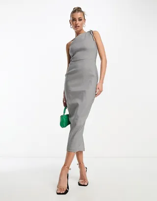 Vesper one-shoulder body-conscious midi dress in black and white houndstooth