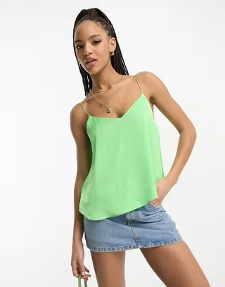 Stradivarius scoop neck satin cami in green