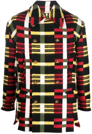 Check-Print Double-Breasted Coat