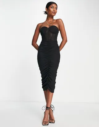 ASOS DESIGN premium mesh bandeau corset ruched midi dress in black