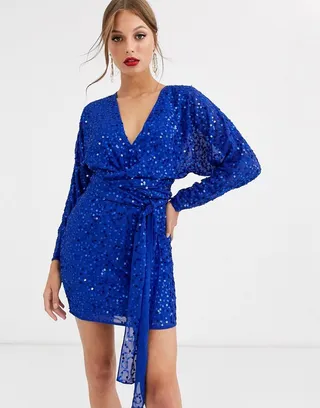 ASOS DESIGN mini dress with batwing sleeve and wrap waist in scatter sequin