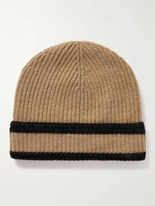 Stripped Ribbed Wool and Recycled Cashmere-Blend Beanie
