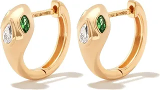 18kt yellow gold Snake diamond and emerald huggie hoops