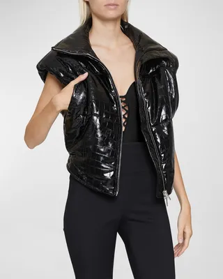 Croc-Embossed Vegan Leather Puffer Vest