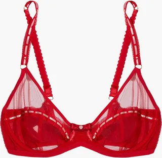 Pollie satin and lace-trimmed embellished tulle underwired bra