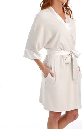 Shala Knit Robe With Pockets And Satin Trim in Eggnog
