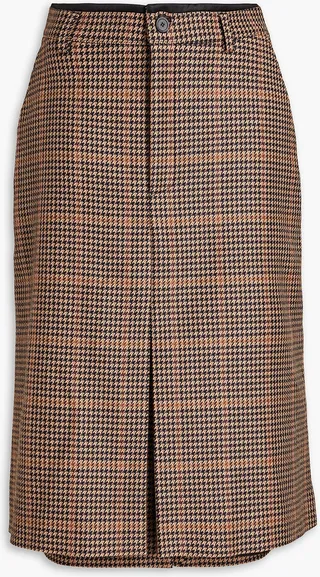 Houndstooth wool-blend tweed and denim midi skirt